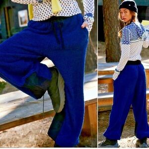 Free People Cuddle Up Fleece Pants Faux Fur Joggers Fuzzy Tie Blue Sz S.    NWOT